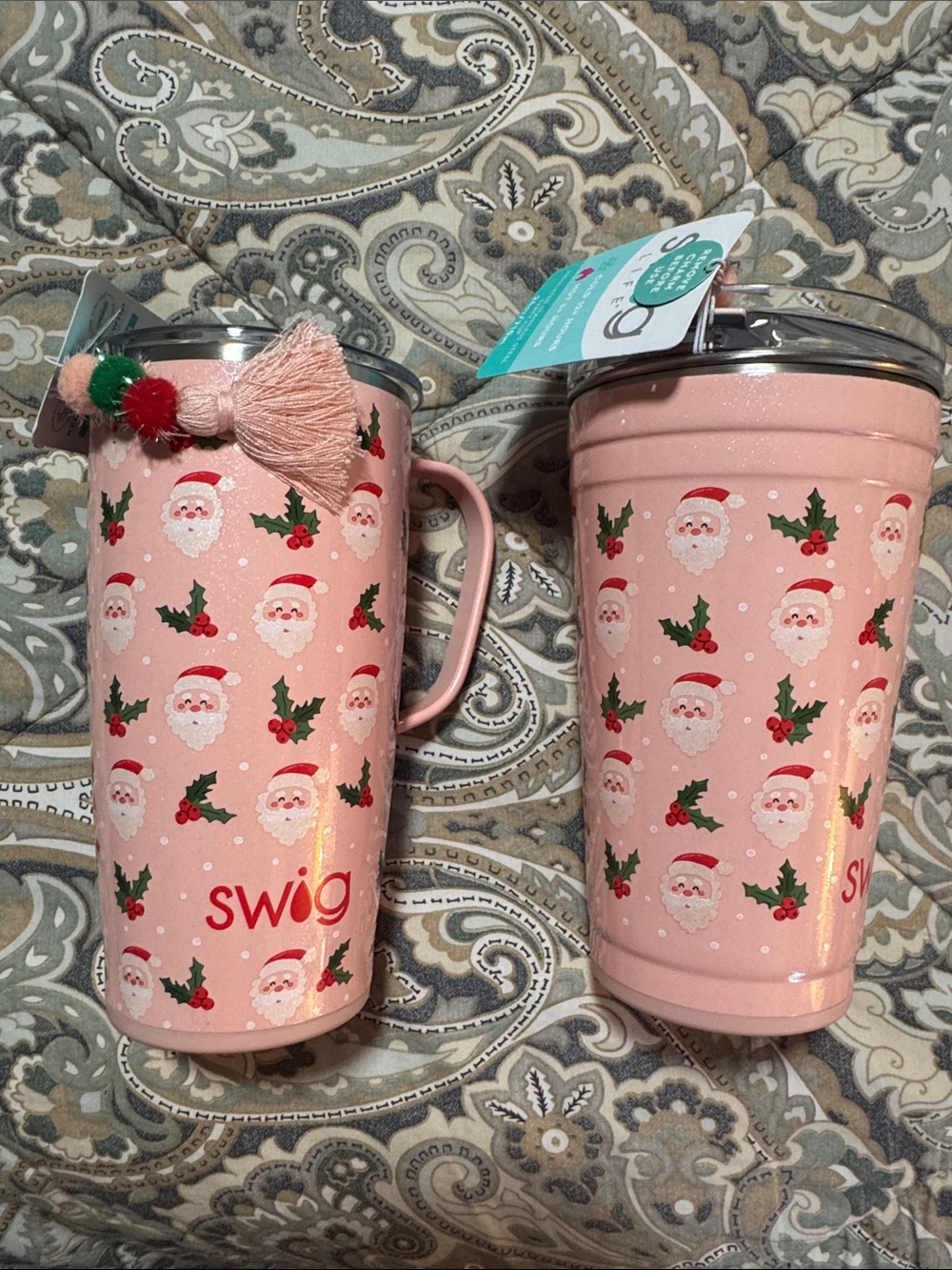 Swig Holiday Pink Santa Reusable Travel Mug - Festive Holly Design